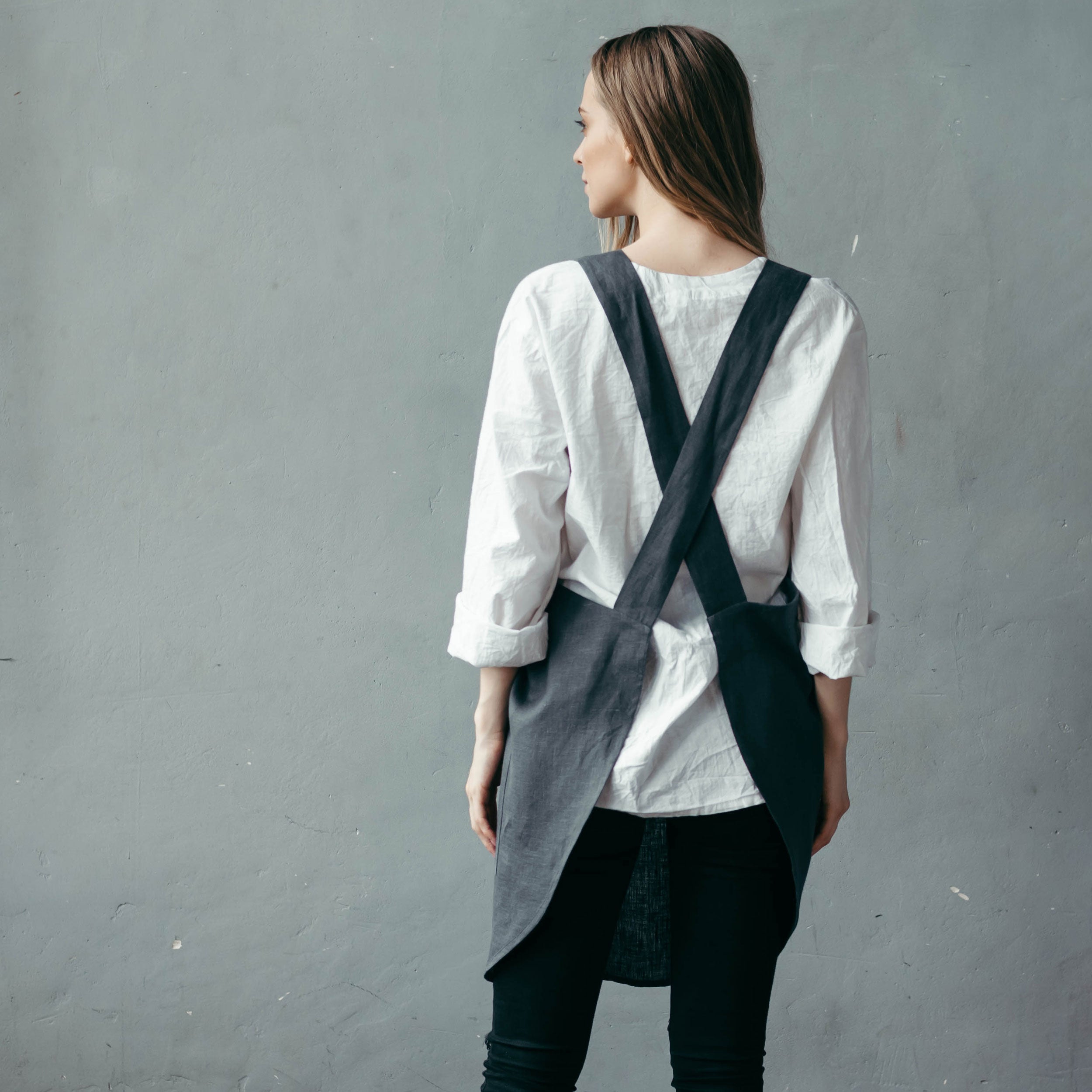 Khaki Short Linen Crossover Pinafore Apron