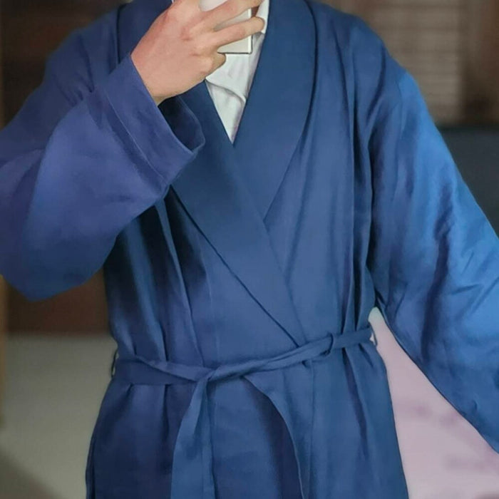 Customer wearing Classic Men’s Linen Robe | Navy
