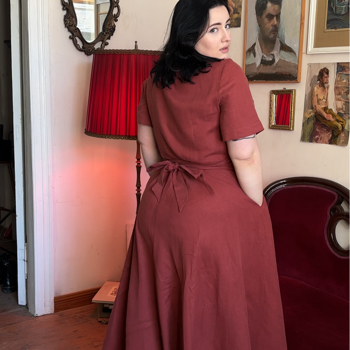 Customer wearing Long Linen Wrap Dress | Terracotta