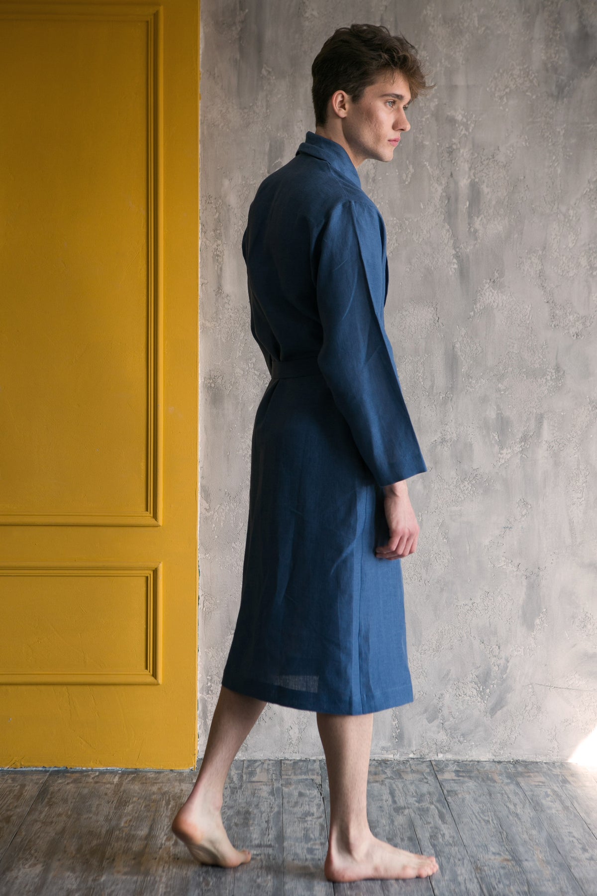 Coastal blue men's linen robe — side view of the long linen dressing gown