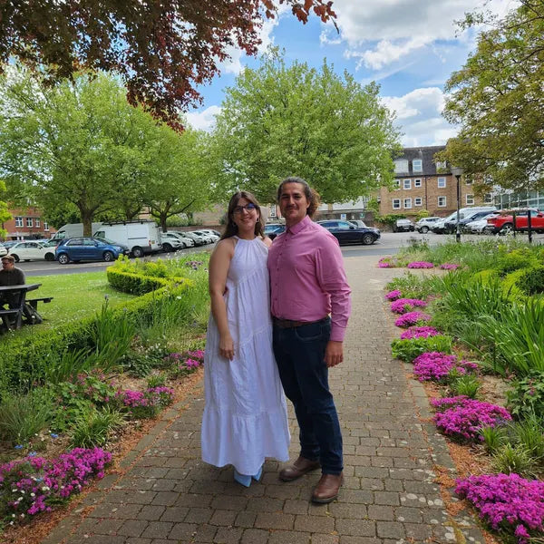 Customer wearing Tiered Linen Wedding Dress with Lace
