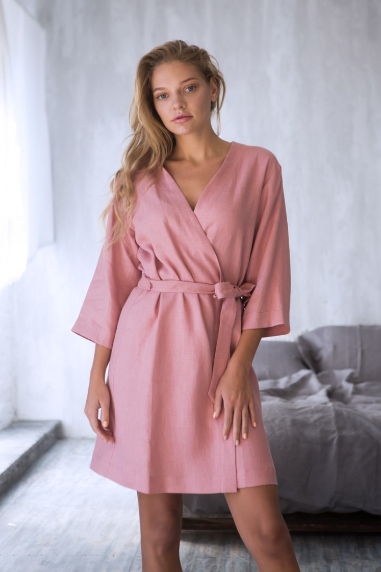 Ice Blue Linen Bath Robe Washed Waffle - LinenMe